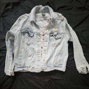 Trendy Light Blue Distressed Denim Jacket